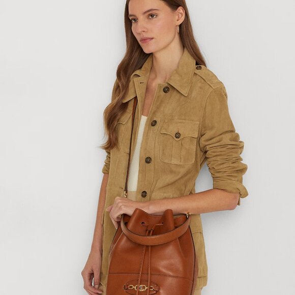 Women's Ralph Lauren Tan Brown Large Andie Leather Drawstring Shoulder Gift Bag - Picture 6 of 13